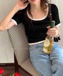 Vipoa（ヴィポア）の「バイカラークロップドニットトップス（Tシャツ/カットソー）」