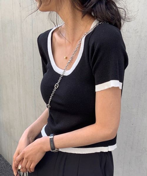 Vipoa（ヴィポア）の「バイカラークロップドニットトップス（Tシャツ/カットソー・レディース・ホワイト/ブラック/ピンク/アイボリー/ライトイエロー/ブルー・FREE）」の20枚目の写真