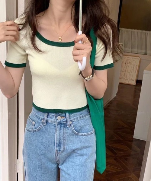Vipoa（ヴィポア）の「バイカラークロップドニットトップス（Tシャツ/カットソー・レディース・ホワイト/ブラック/ピンク/アイボリー/ライトイエロー/ブルー・FREE）」の15枚目の写真