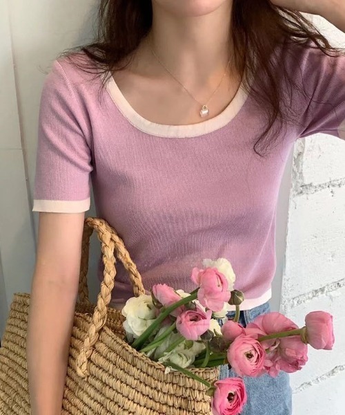 Vipoa（ヴィポア）の「バイカラークロップドニットトップス（Tシャツ/カットソー・レディース・ホワイト/ブラック/ピンク/アイボリー/ライトイエロー/ブルー・FREE）」の11枚目の写真