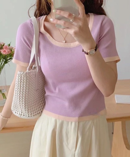 Vipoa（ヴィポア）の「バイカラークロップドニットトップス（Tシャツ/カットソー・レディース・ホワイト/ブラック/ピンク/アイボリー/ライトイエロー/ブルー・FREE）」の13枚目の写真