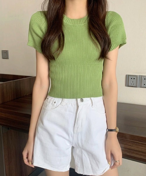 urge:(アージコロン )の「【Bl】【URGE:】クルーネック 半袖 リブニット トップス(Tシャツ/カットソー・レディース・ホワイト/ブラック/グリーン/ブルー/ピンク・MEDIUM/X-LARGE/LARGE/SMALL)」の4枚目の写真