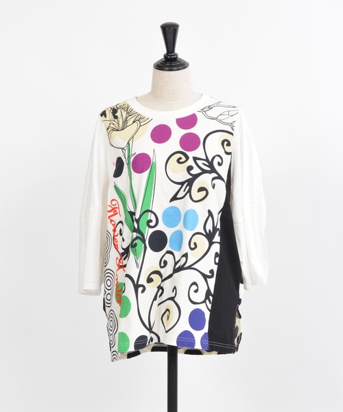 gomme（ゴム）の「花花Ｐ天竺　ボリュームアームＴ（Tシャツ/カットソー・レディース・トップグレー/ブラック/ホワイト・MEDIUM）」の11枚目の写真