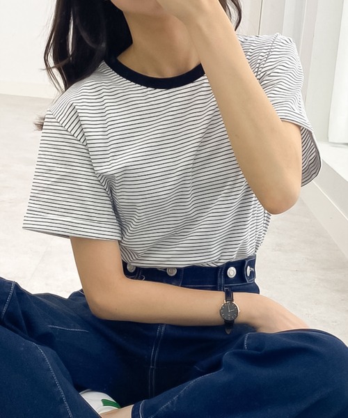 CHAN ME(チャンミ)の「細ボーダー半袖Tシャツ(Tシャツ/カットソー・レディース・ブラック/ホワイト・MEDIUM/LARGE/X-LARGE)」の1枚目の写真