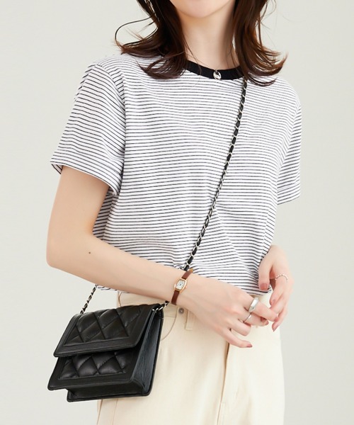 CHAN ME(チャンミ)の「細ボーダー半袖Tシャツ(Tシャツ/カットソー・レディース・ブラック/ホワイト・MEDIUM/LARGE/X-LARGE)」の14枚目の写真