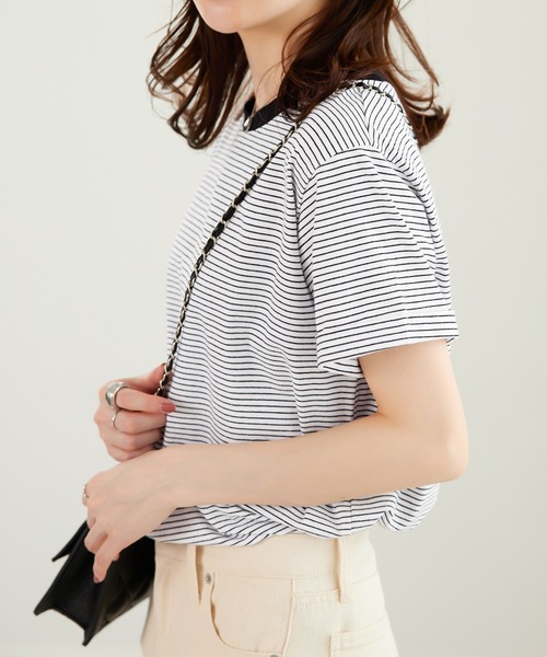 CHAN ME(チャンミ)の「細ボーダー半袖Tシャツ(Tシャツ/カットソー・レディース・ブラック/ホワイト・MEDIUM/LARGE/X-LARGE)」の3枚目の写真