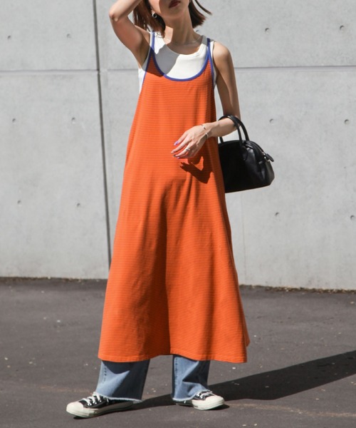 Chillfar（チルファー）の「Tee付きボーダーキャミワンピ（ワンピース・レディース・グリーン/ピンク/オレンジ/ネイビー・FREE）」の4枚目の写真