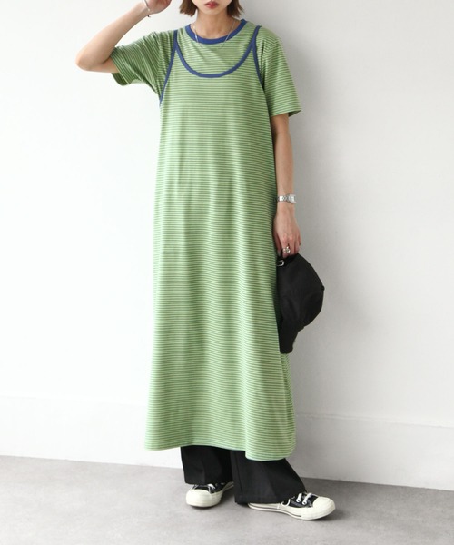 Chillfar（チルファー）の「Tee付きボーダーキャミワンピ（ワンピース・レディース・グリーン/ピンク/オレンジ/ネイビー・FREE）」の8枚目の写真