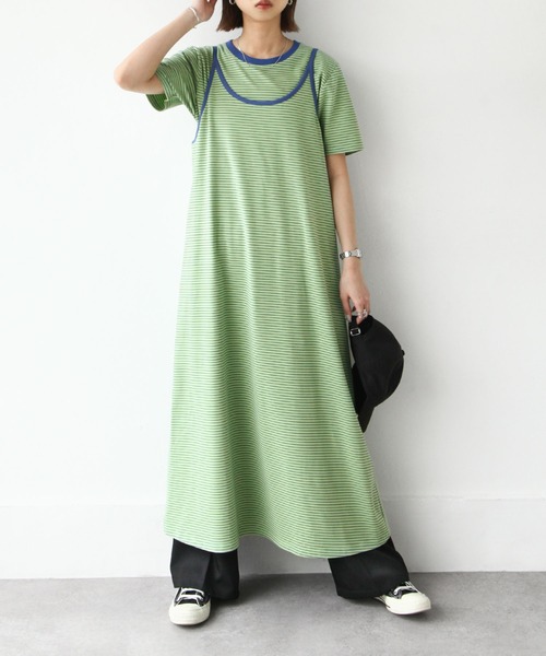 Chillfar（チルファー）の「Tee付きボーダーキャミワンピ（ワンピース・レディース・グリーン/ピンク/オレンジ/ネイビー・FREE）」の9枚目の写真