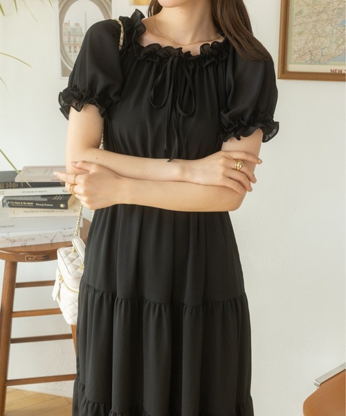セール】2WAYオフショルティアードシフォンワンピース