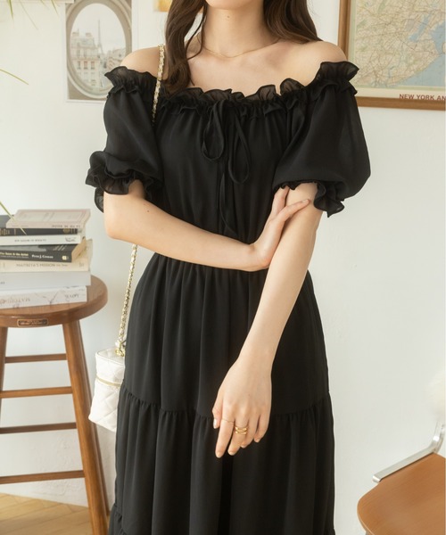 セール】2WAYオフショルティアードシフォンワンピース