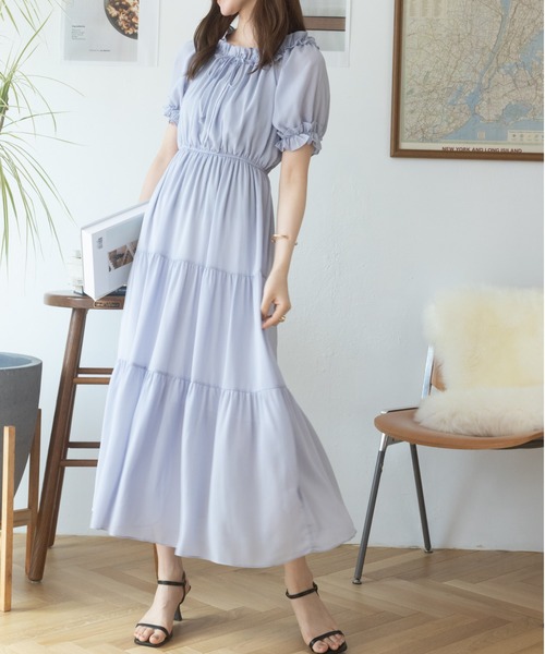 セール】2WAYオフショルティアードシフォンワンピース