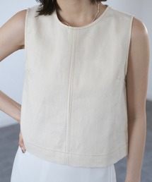 Reurie' | バイカラーデニムベスト / bicolor denim vest ノースリーブ タンクトップ ブラウス クルーネック 大人カジュアル シンプル レディライク きれいめ ジーンズ ブルー インディゴ 紺 ホワイト 白(タンクトップ)