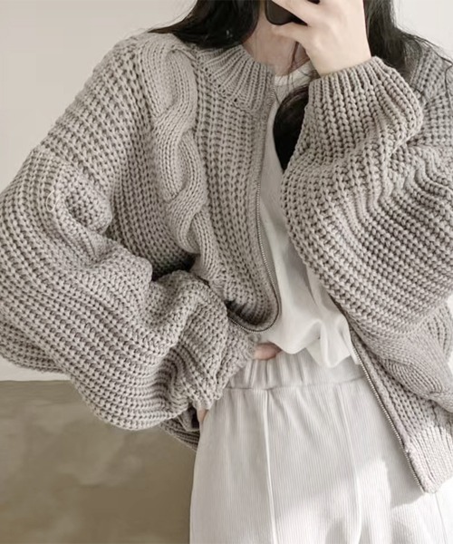 SEN TOKYO（セントーキョー）の「異なる網み目が魅力的。リブ編み×ケーブル編み ジップアップニット（ニット/セーター・レディース・グレー/ピンク/ベージュ・FREE）」の11枚目の写真