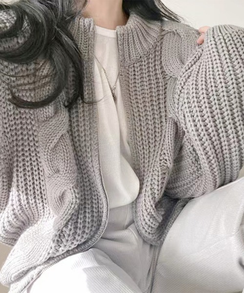 SEN TOKYO（セントーキョー）の「異なる網み目が魅力的。リブ編み×ケーブル編み ジップアップニット（ニット/セーター・レディース・グレー/ピンク/ベージュ・FREE）」の12枚目の写真