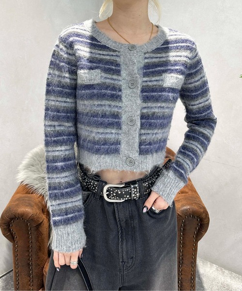 sedacle girl(セダクルガール)の「ボーダーニット起毛カーデ【SETUP着用可能】(カーディガン/ボレロ・レディース・オレンジ/ネイビー・FREE)」の2枚目の写真