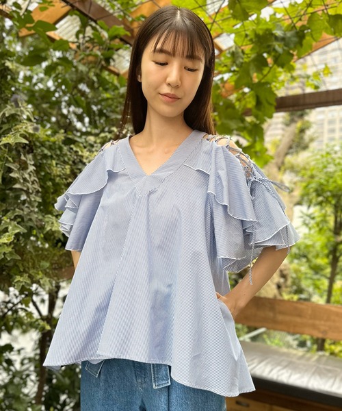 AVIE（アビィ）の「ストライプレースアップカスケードブラウス（シャツ/ブラウス・レディース・ブルー・38）」の18枚目の写真
