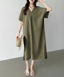 コットンリネンワンピース Vネック ワンピース サイドスリット 半袖 リラックス Vネックワンピース 春服 夏服