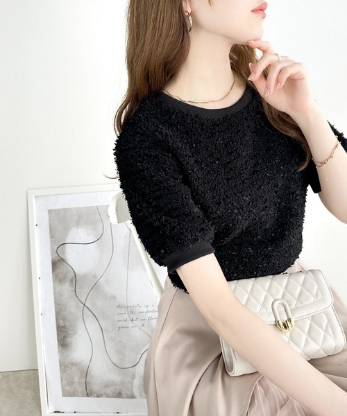 mily bilet(ミウィビレット)の「【mily bilet】上品な可愛さ。テープモール半袖カットソー(Tシャツ/カットソー・レディース・アイボリー/ブラック・MEDIUM/LARGE/SMALL/X-LARGE)」の4枚目の写真