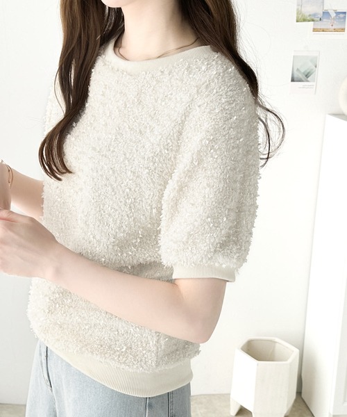 mily bilet(ミウィビレット)の「【mily bilet】上品な可愛さ。テープモール半袖カットソー(Tシャツ/カットソー・レディース・アイボリー/ブラック・MEDIUM/LARGE/SMALL/X-LARGE)」の3枚目の写真