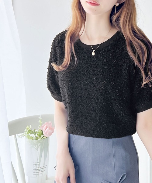 mily bilet(ミウィビレット)の「【mily bilet】上品な可愛さ。テープモール半袖カットソー(Tシャツ/カットソー・レディース・アイボリー/ブラック・MEDIUM/LARGE/SMALL/X-LARGE)」の9枚目の写真