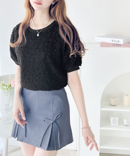 mily bilet(ミウィビレット)の「【mily bilet】上品な可愛さ。テープモール半袖カットソー(Tシャツ/カットソー・レディース・アイボリー/ブラック・MEDIUM/LARGE/SMALL/X-LARGE)」の8枚目の写真
