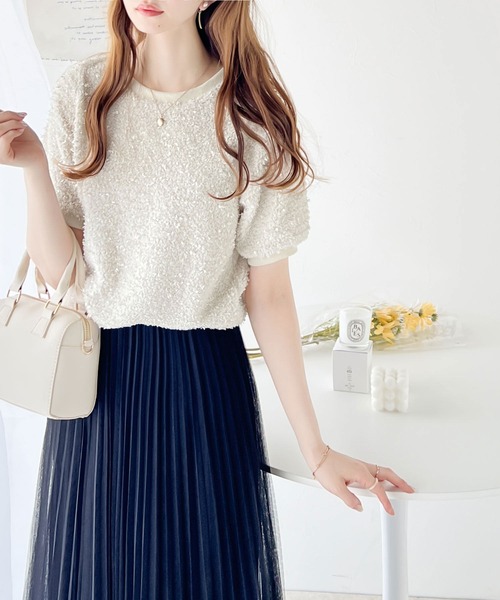 mily bilet(ミウィビレット)の「【mily bilet】上品な可愛さ。テープモール半袖カットソー(Tシャツ/カットソー・レディース・アイボリー/ブラック・MEDIUM/LARGE/SMALL/X-LARGE)」の7枚目の写真