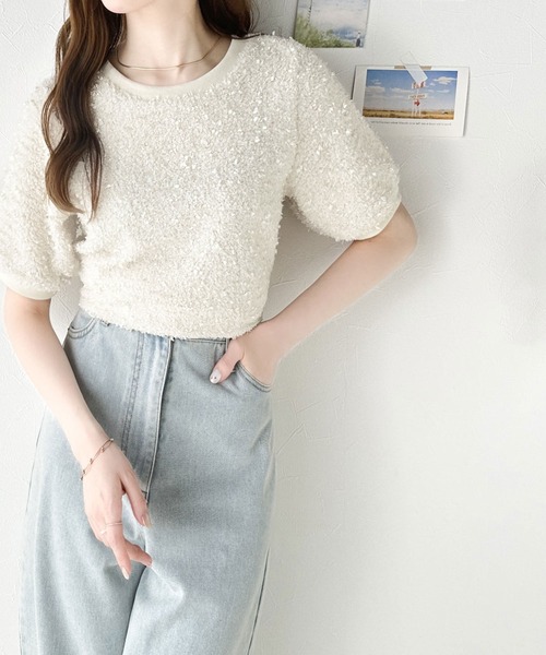 mily bilet(ミウィビレット)の「【mily bilet】上品な可愛さ。テープモール半袖カットソー(Tシャツ/カットソー・レディース・アイボリー/ブラック・MEDIUM/LARGE/SMALL/X-LARGE)」の6枚目の写真