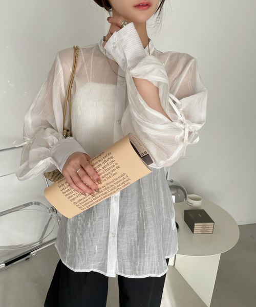 Ada.(エイダ)の「前後2WAY スリット袖 シアー シャツ(シャツ/ブラウス・レディース・ライトグリーン/ブルー/オフホワイト/ブラック・FREE)」の7枚目の写真
