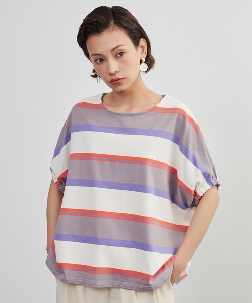 On One's Own(オンワンズオン)の「On One's Own ドルマンスリーブ半袖ボーダーTシャツ(Tシャツ/カットソー・レディース・オリーブ/パープル/ネイビー・FREE)」の1枚目の写真