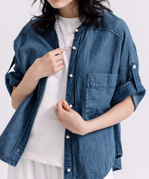 BLANC basque ブランバスク　綿麻デニムパール釦半袖シャツ ブラウス 綿麻デニムパール釦半袖シャツ（シャツ/ブラウス）｜blanc