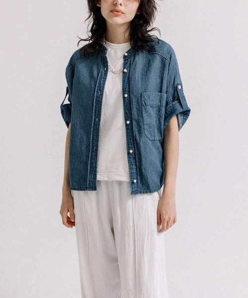 BLANC basque ブランバスク　綿麻デニムパール釦半袖シャツ ブラウス 綿麻デニムパール釦半袖シャツ（シャツ/ブラウス）｜blanc