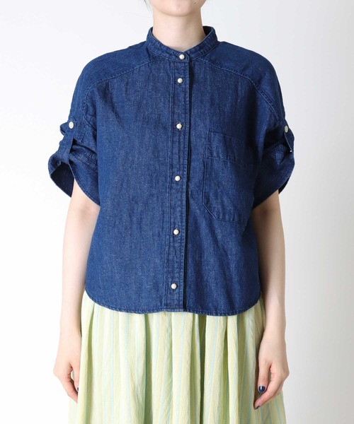 BLANC basque ブランバスク　綿麻デニムパール釦半袖シャツ ブラウス 綿麻デニムパール釦半袖シャツ（シャツ/ブラウス）｜blanc