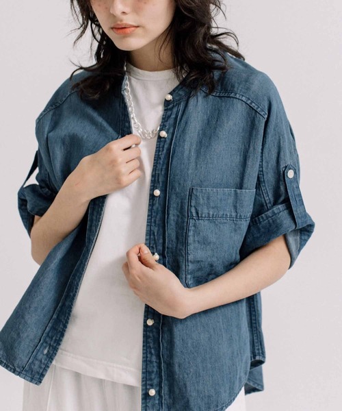 BLANC basque ブランバスク　綿麻デニムパール釦半袖シャツ ブラウス 綿麻デニムパール釦半袖シャツ（シャツ/ブラウス）｜blanc