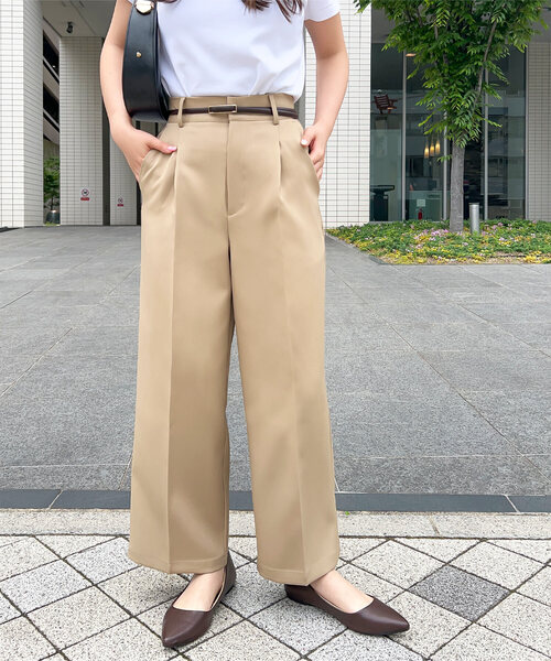 セール】[ 低身長向けサイズ ] タックワイドストレートパンツ