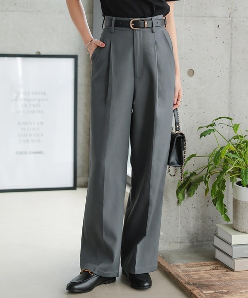Petitle（プチレ）の「[ 低身長向けサイズ ] タックワイドストレートパンツ（スラックス・レディース・チャコールグレー/ブラック/オフホワイト/ベージュ/ブラウン/ストライプ/イエロー系/ピンク/ライトベージュ/杢グレー/ネイビー系・PS/PM/PL）」の17枚目の写真