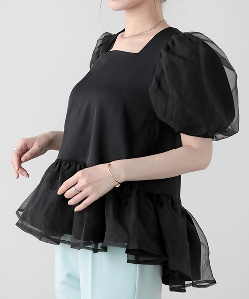 O.S.K（オーエスケー）の「[O.S.K] スクエアネックオーガンジートップス（シャツ/ブラウス・レディース・パープル/ブラック/アイボリー・L/M）」の10枚目の写真