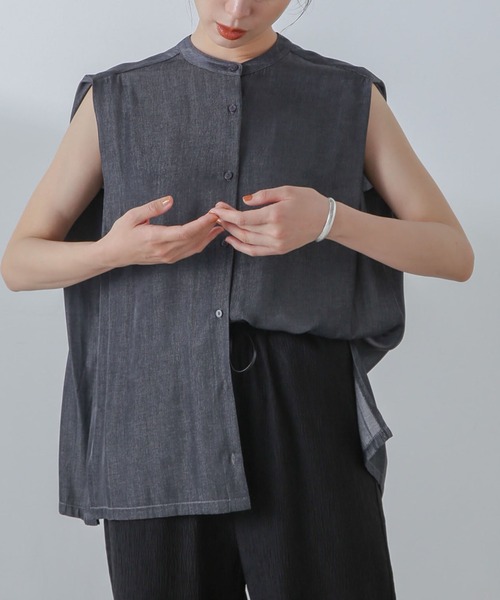 セール】タックノースリーブスタンドカラーブラウス(セットアップ可