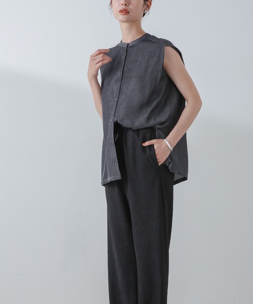 セール】タックノースリーブスタンドカラーブラウス(セットアップ可