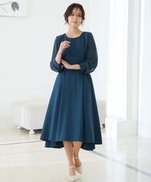 サイドゴム パーティー ドレス 大きいサイズ ミモレ丈&袖あり 結婚式 フォーマル オケージョンドレス お呼ばれ 二次会 成人式 同窓会 謝恩会 20代 30代