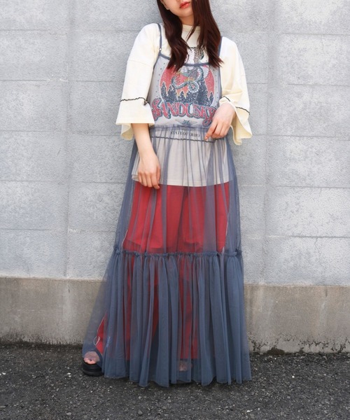 Mayree（メイリー）の「チュールシースルーキャミワンピース(se)（ワンピース・レディース・ブルーグレー/グリーン/レッド/ホワイト/サックスブルー/ブラック・FREE）」の4枚目の写真