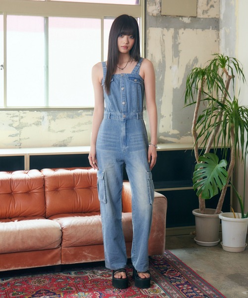 evisu donna　オールインワン　サロペット　デニム　カモメ　インディゴ セール】デニムカーゴオールインワン（サロペット