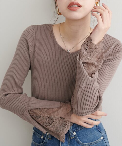 natural couture(ナチュラルクチュール)の「前後2WAY袖口レースリブニット(ニット/セーター・レディース・ミント/チャコールグレー/グレー/オフホワイト/ブラック/グレイッシュベージュ/ボルドー/その他1/その他2・FREE)」の5枚目の写真