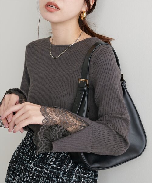 natural couture(ナチュラルクチュール)の「前後2WAY袖口レースリブニット(ニット/セーター・レディース・ミント/チャコールグレー/グレー/オフホワイト/ブラック/グレイッシュベージュ/ボルドー/その他1/その他2・FREE)」の1枚目の写真