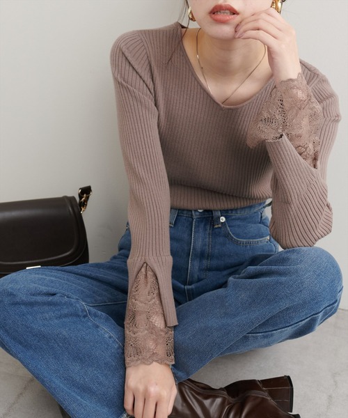 natural couture(ナチュラルクチュール)の「前後2WAY袖口レースリブニット(ニット/セーター・レディース・ミント/チャコールグレー/グレー/オフホワイト/ブラック/グレイッシュベージュ/ボルドー/その他1/その他2・FREE)」の12枚目の写真