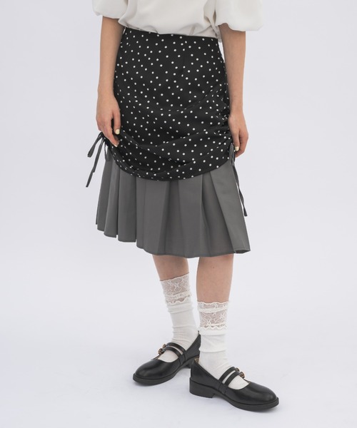 idem イデム サイドドロストチェックスカート グレー drawstring check pleats skirt / サイドドロストチェック