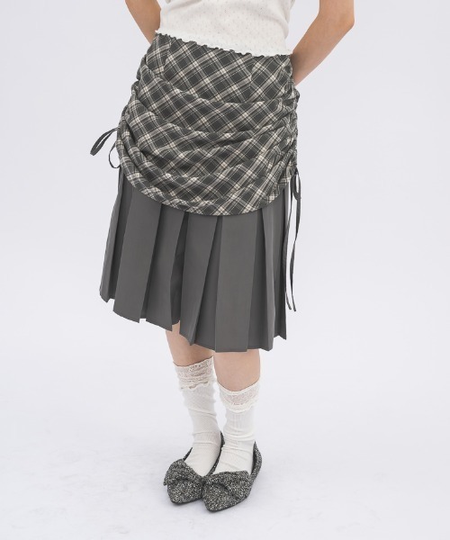 drawstring check pleats skirt / ローウエストドロストスカート