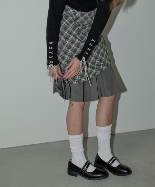 drawstring check pleats skirt / サイドドロストチェック