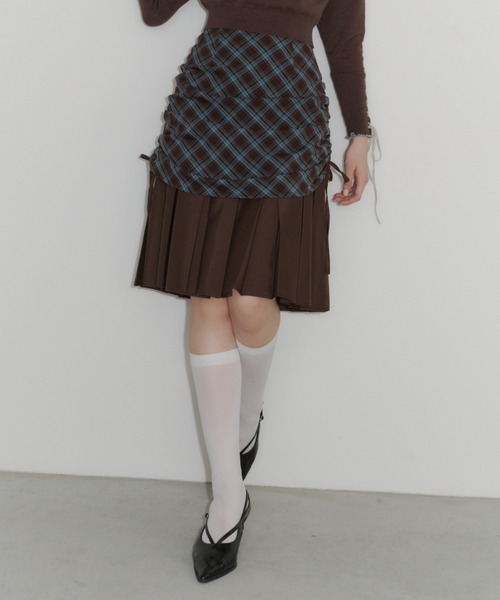 drawstring check pleats skirt / ローウエストドロストスカート