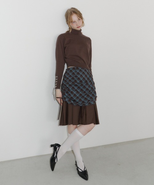 drawstring check pleats skirt / ローウエストドロストスカート